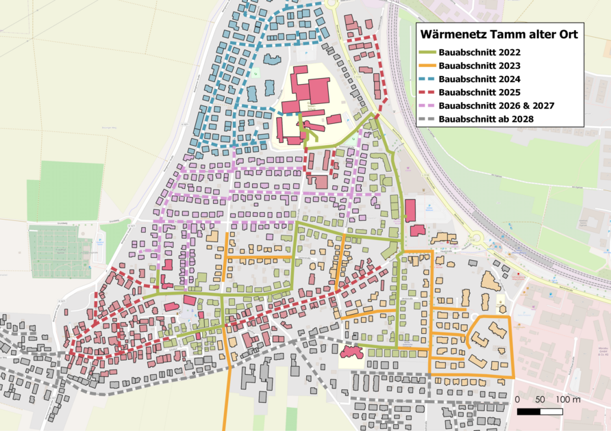 Carte du plan de développement du réseau de chaleur de Tamm.