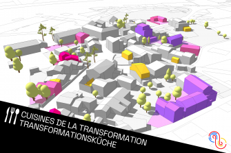 Le graphique présente la maquette d'un quartier vue de haut. Certains bâtiments colorés montre le potentiel de densification.