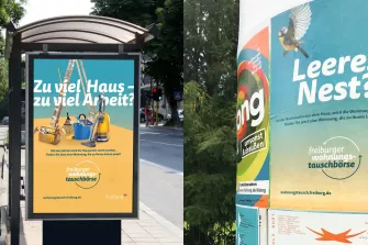 Ein Plakat einer Werbekampagne für die Wohnungsbörse an einem Buswartehäuschen in Freiburg.