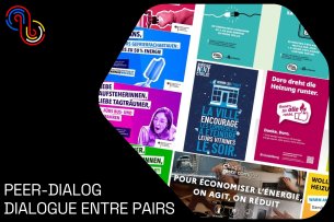 L'image montre une collection d'affiches publicitaires colorées appelant à économiser l'énergie. Les slogans en français et en allemand encouragent différents comportements économes en énergie, comme la réduction du chauffage, l'utilisation des transports en commun et la fermeture des volets pour rester au frais.