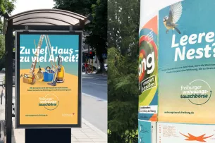Une affiche d’une campagne de communication pour la bourse d’échange de logements placardée sur un abribus à Fribourg.